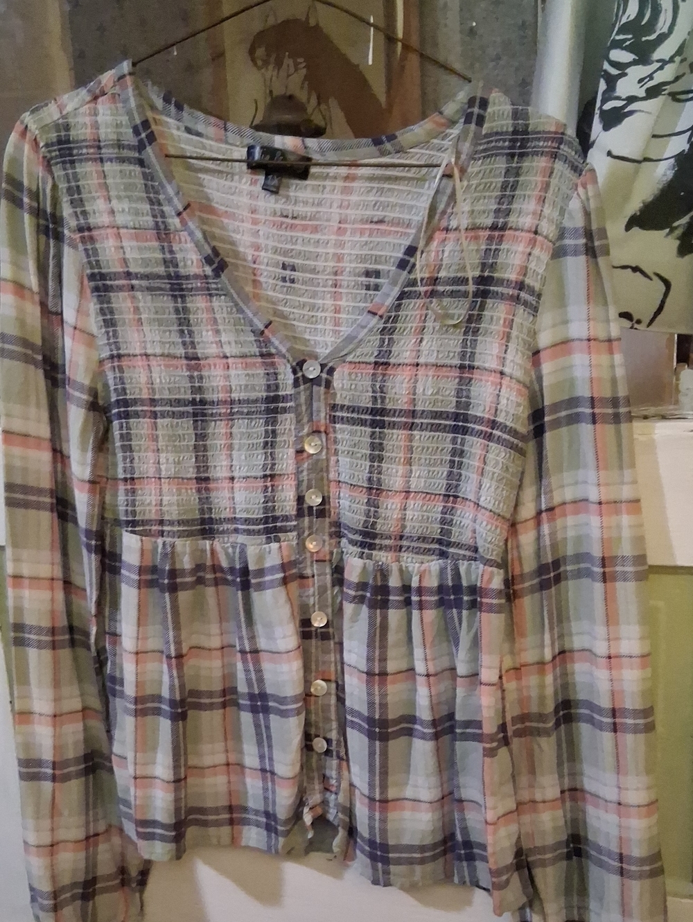Women's Plaid Button-Down Shirt in Blue, Pink & Cream
